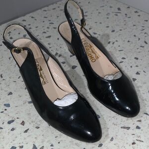 Salvatore Ferragamo Black Patent Leather Slingback Heels